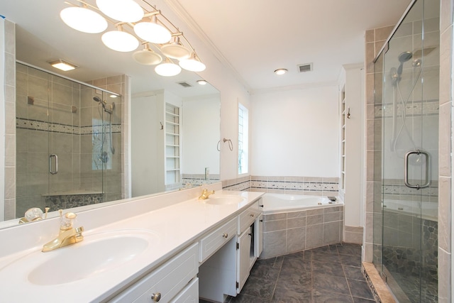 bathroom with vanity, tile patterned flooring, an inviting chandelier, shower with separate bathtub, and ornamental molding