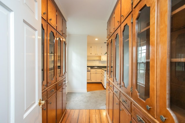 hall featuring light hardwood / wood-style floors, ornamental molding, and sink