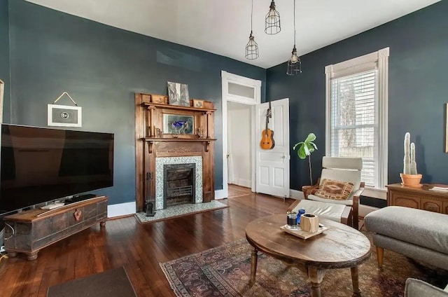 living room featuring wood-type flooring, a premium fireplace, and baseboards