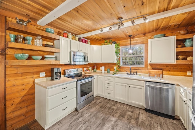 89 Ouchonder Rd, Elmwood, TN 38560 - kitchen with open shelves, stainless steel appliances, a sink, track lighting, and wooden ceiling