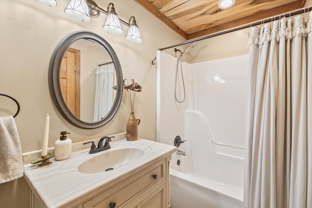 bathroom with vanity, shower / tub combo, and wooden ceiling