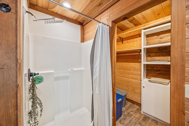 bathroom featuring wood ceiling, curtained shower, wooden walls, and hardwood / wood-style floors