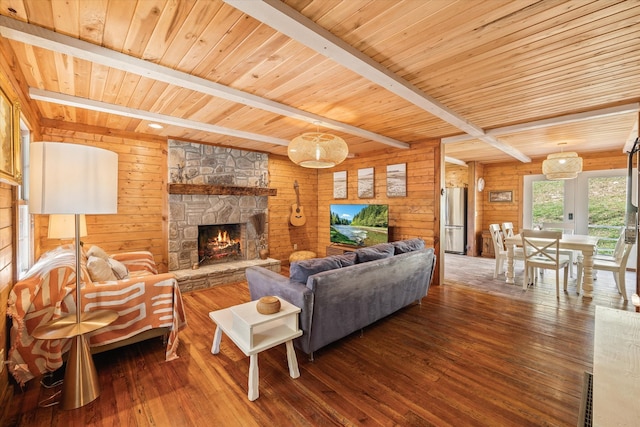 living room with a stone fireplace, wooden ceiling, wooden walls, and hardwood / wood-style floors