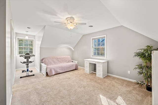 carpeted bedroom featuring ceiling fan and lofted ceiling