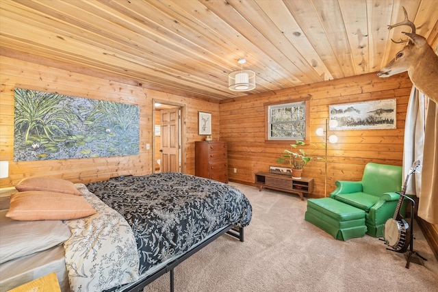 carpeted bedroom featuring wooden walls and wooden ceiling