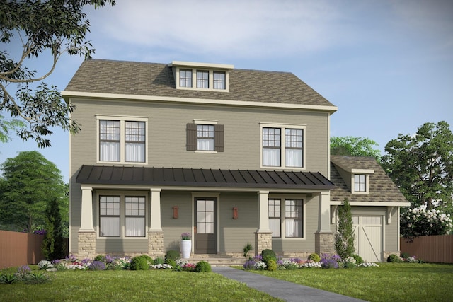 214 38th Ave N, Nashville, TN 37209 - view of front of home with a porch, a front yard, a standing seam roof, fence, and metal roof