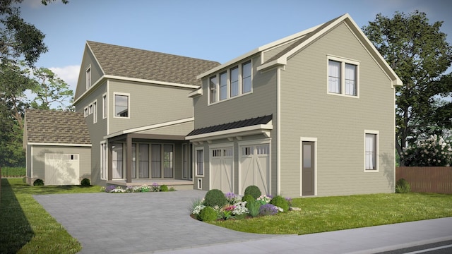 214 38th Ave N, Nashville, TN 37209 - view of front facade featuring decorative driveway, an attached garage, a sunroom, fence, and a front lawn