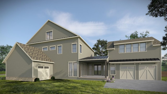 214 38th Ave N, Nashville, TN 37209 - back of property featuring metal roof, an attached garage, a shingled roof, a yard, and a standing seam roof