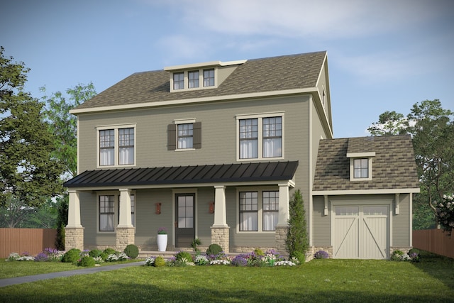 view of front of home with covered porch and a front lawn