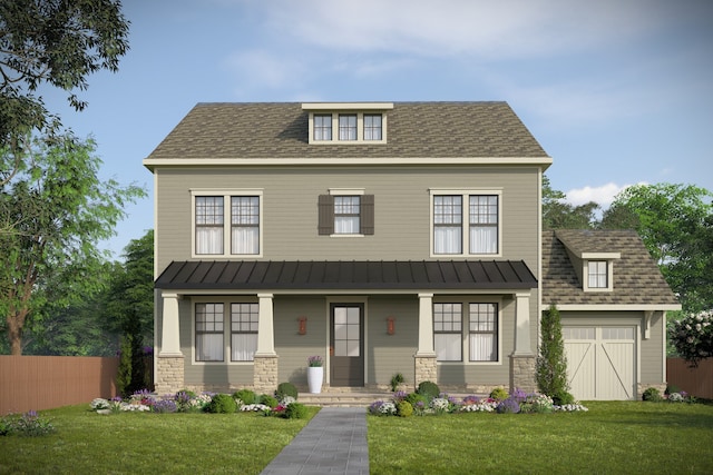 view of front of property with a front lawn, covered porch, and a garage