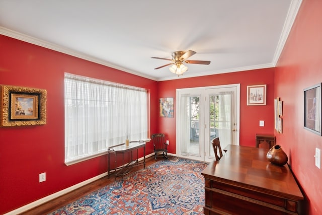 office space featuring crown molding, ceiling fan, and hardwood / wood-style flooring