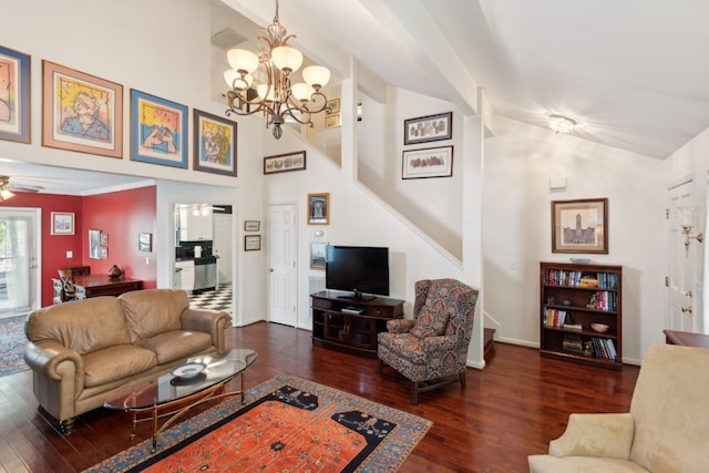 living room featuring ceiling fan with notable chandelier, beamed ceiling, high vaulted ceiling, and dark hardwood / wood-style floors