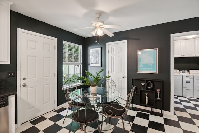 dining room featuring ceiling fan and separate washer and dryer