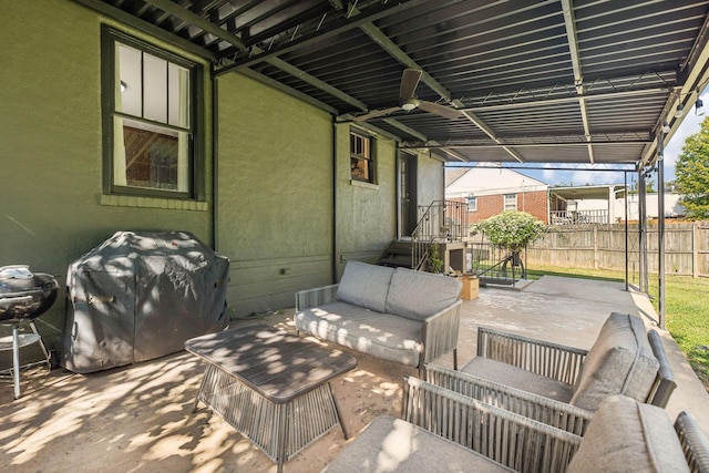 view of patio / terrace featuring an outdoor hangout area, grilling area, and fence