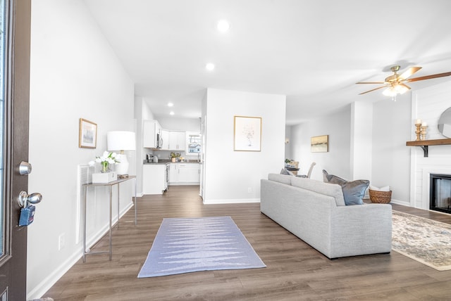 living room with ceiling fan, a large fireplace, and wood-type flooring