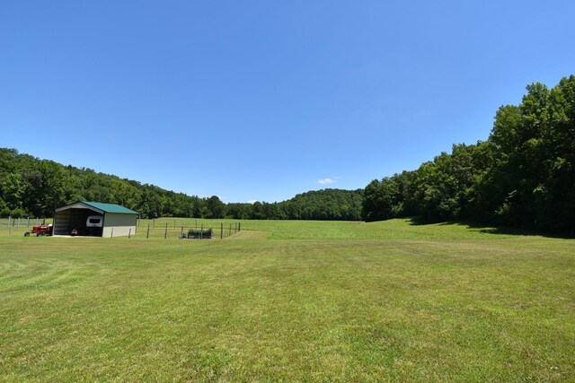 view of yard with a rural view and an outbuilding