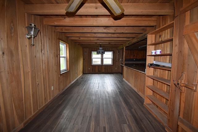 spare room featuring beam ceiling, wood walls, and dark hardwood / wood-style floors