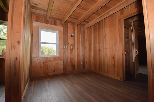 spare room featuring plenty of natural light, dark hardwood / wood-style floors, wood ceiling, and wooden walls