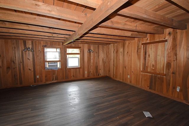 bonus room featuring wooden walls, wood ceiling, dark hardwood / wood-style floors, cooling unit, and beam ceiling