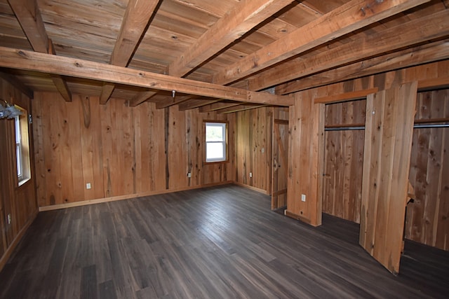 unfurnished bedroom featuring wood walls, wood ceiling, beam ceiling, and dark hardwood / wood-style flooring