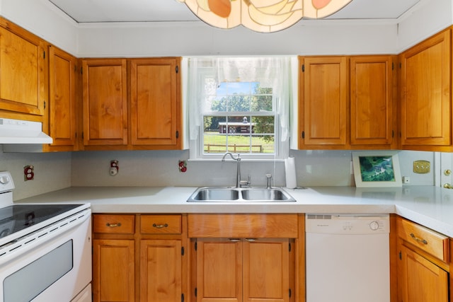 kitchen featuring backsplash, sink, and white appliances