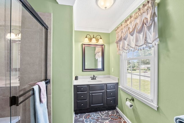 bathroom featuring crown molding, vanity, an enclosed shower, and tile patterned floors