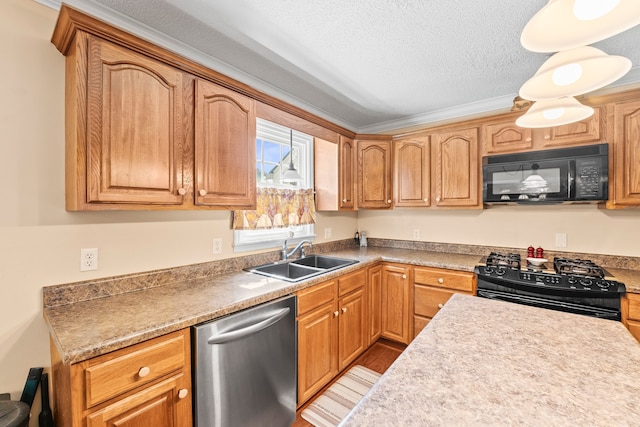 kitchen with black appliances, ornamental molding, a textured ceiling, and sink