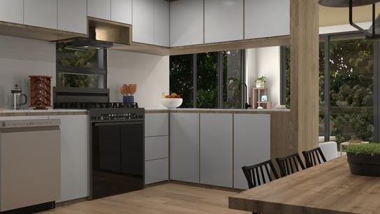 kitchen with range hood, light wood-type flooring, gas stove, and white cabinets