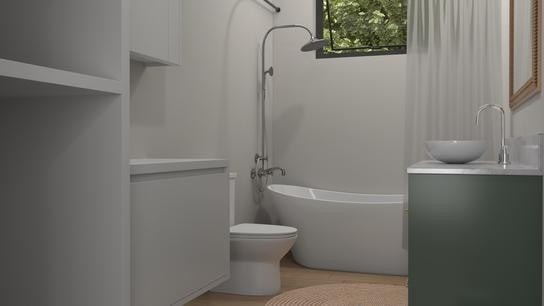 bathroom with vanity, toilet, and a bath