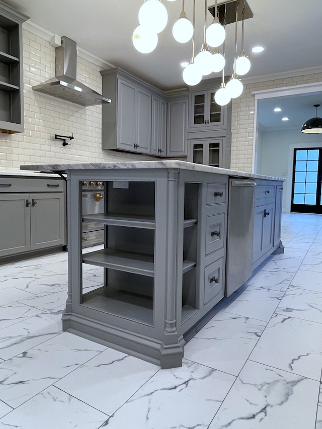 kitchen with an inviting chandelier, gray cabinetry, wall chimney exhaust hood, dishwasher, and ornamental molding