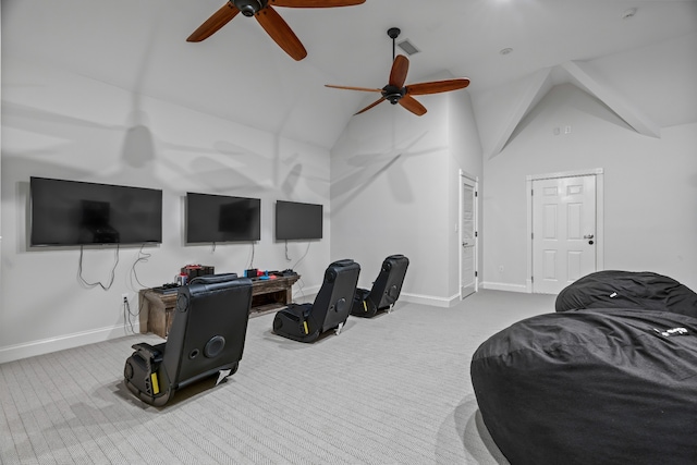 interior space with ceiling fan and vaulted ceiling