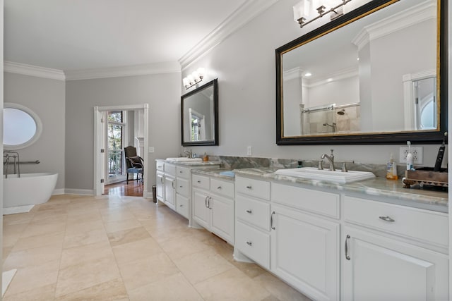 bathroom with ornamental molding, vanity, plus walk in shower, and tile patterned flooring