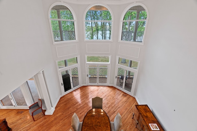 living room featuring a towering ceiling and light hardwood / wood-style floors