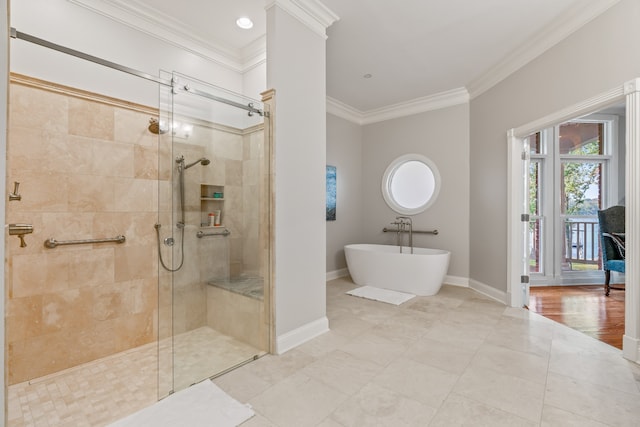 bathroom with crown molding, plus walk in shower, and tile patterned floors