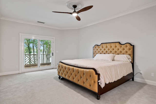 bedroom with crown molding, light carpet, access to exterior, and ceiling fan