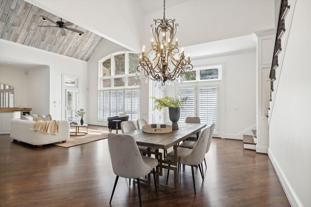 dining room with ceiling fan with notable chandelier, high vaulted ceiling, plenty of natural light, and dark hardwood / wood-style floors