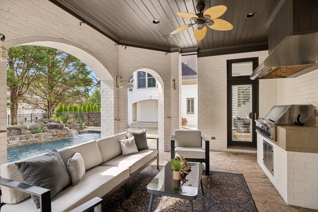 view of patio with pool water feature, outdoor lounge area, exterior kitchen, ceiling fan, and a fenced in pool