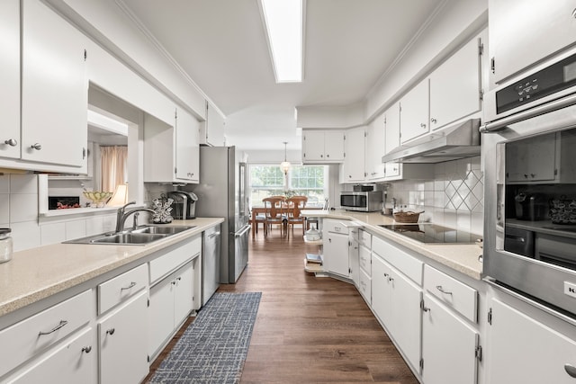 kitchen featuring white cabinetry, tasteful backsplash, stainless steel appliances, and dark hardwood / wood-style floors