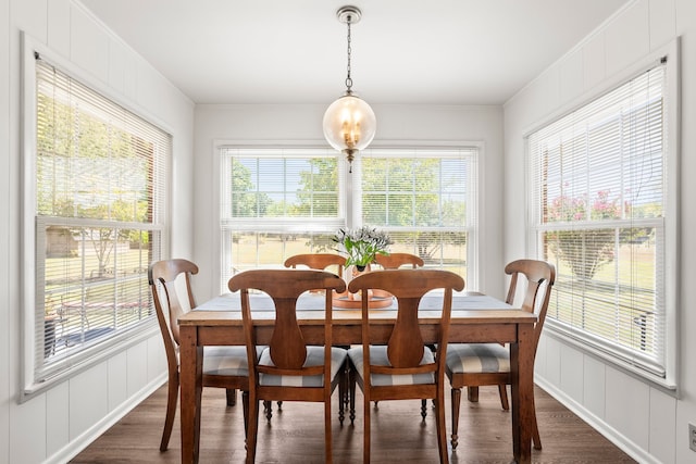 dining space with crown molding, dark hardwood / wood-style flooring, and plenty of natural light