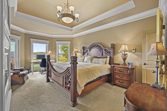 bedroom featuring a tray ceiling and light colored carpet