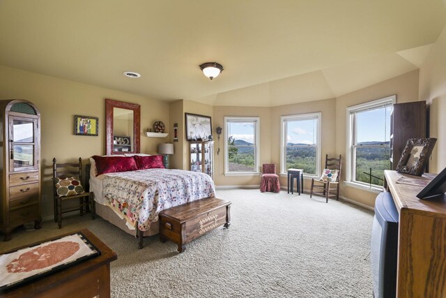 carpeted bedroom featuring vaulted ceiling and multiple windows