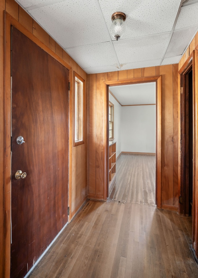 corridor with wood walls, hardwood / wood-style flooring, and a drop ceiling