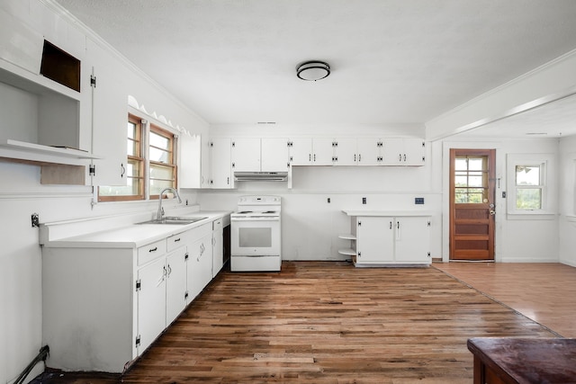 kitchen with crown molding, sink, white electric range oven, hardwood / wood-style flooring, and white cabinets