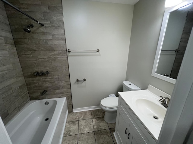 bathroom with toilet, baseboards, shower / bathing tub combination, and vanity