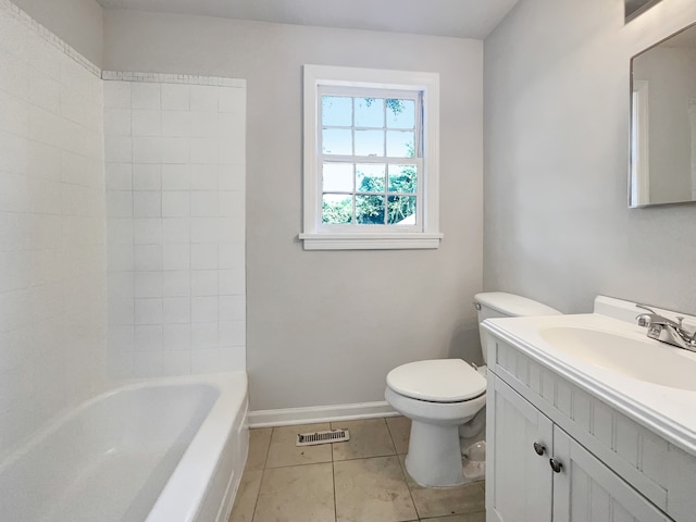 full bathroom featuring tile patterned flooring, vanity, toilet, and washtub / shower combination