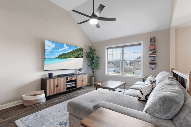 living room featuring high vaulted ceiling, ceiling fan, and dark hardwood / wood-style flooring