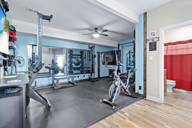 gym featuring ceiling fan and light hardwood / wood-style flooring