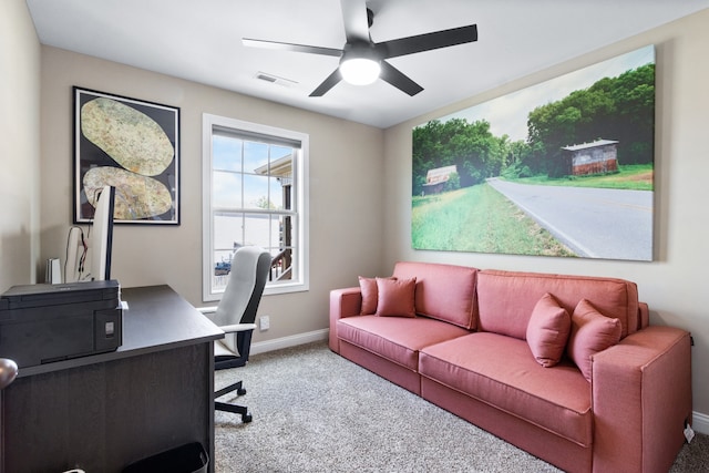 office featuring carpet and ceiling fan