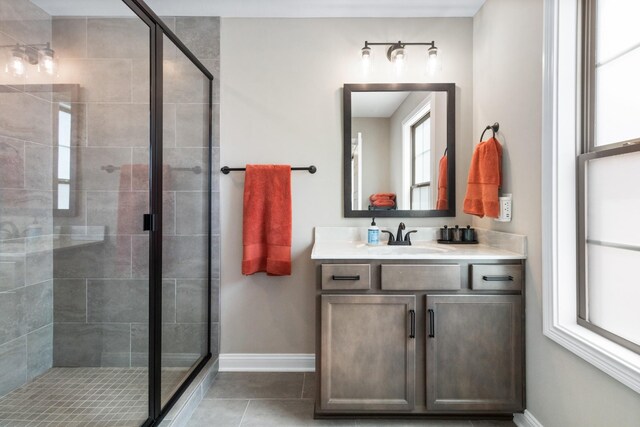 bathroom featuring vanity, tile patterned flooring, and a shower with door