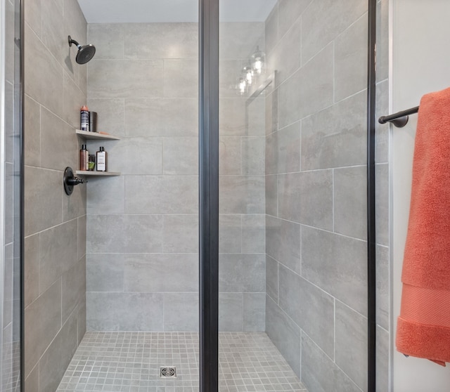 bathroom with a shower with door